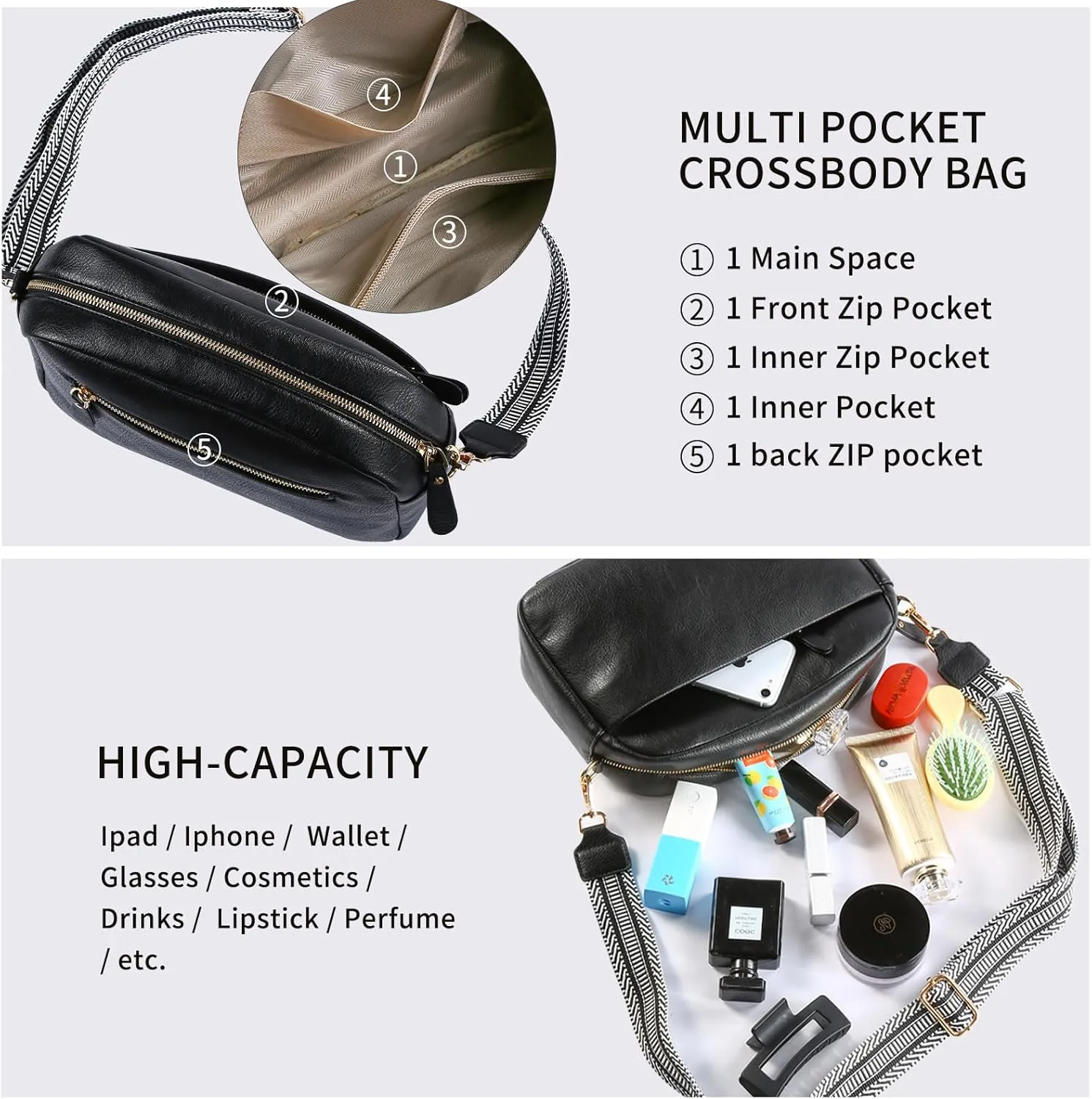 Crossbody Bags for Women, Fashion Large Size Vegan Leather Purse Shoulder Handbag with Adjustable Wide Strap