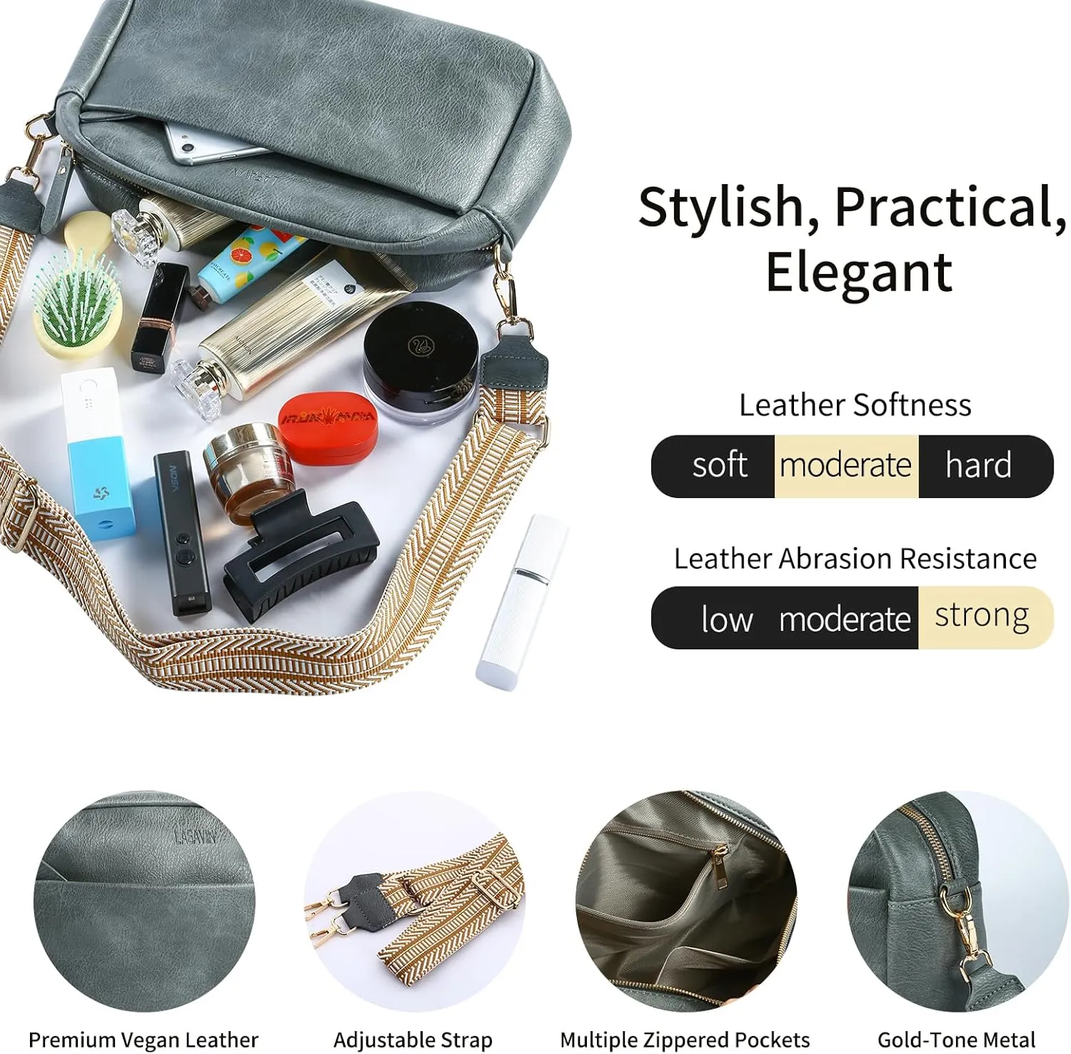 Crossbody Bags for Women, Fashion Large Size Vegan Leather Purse Shoulder Handbag with Adjustable Wide Strap