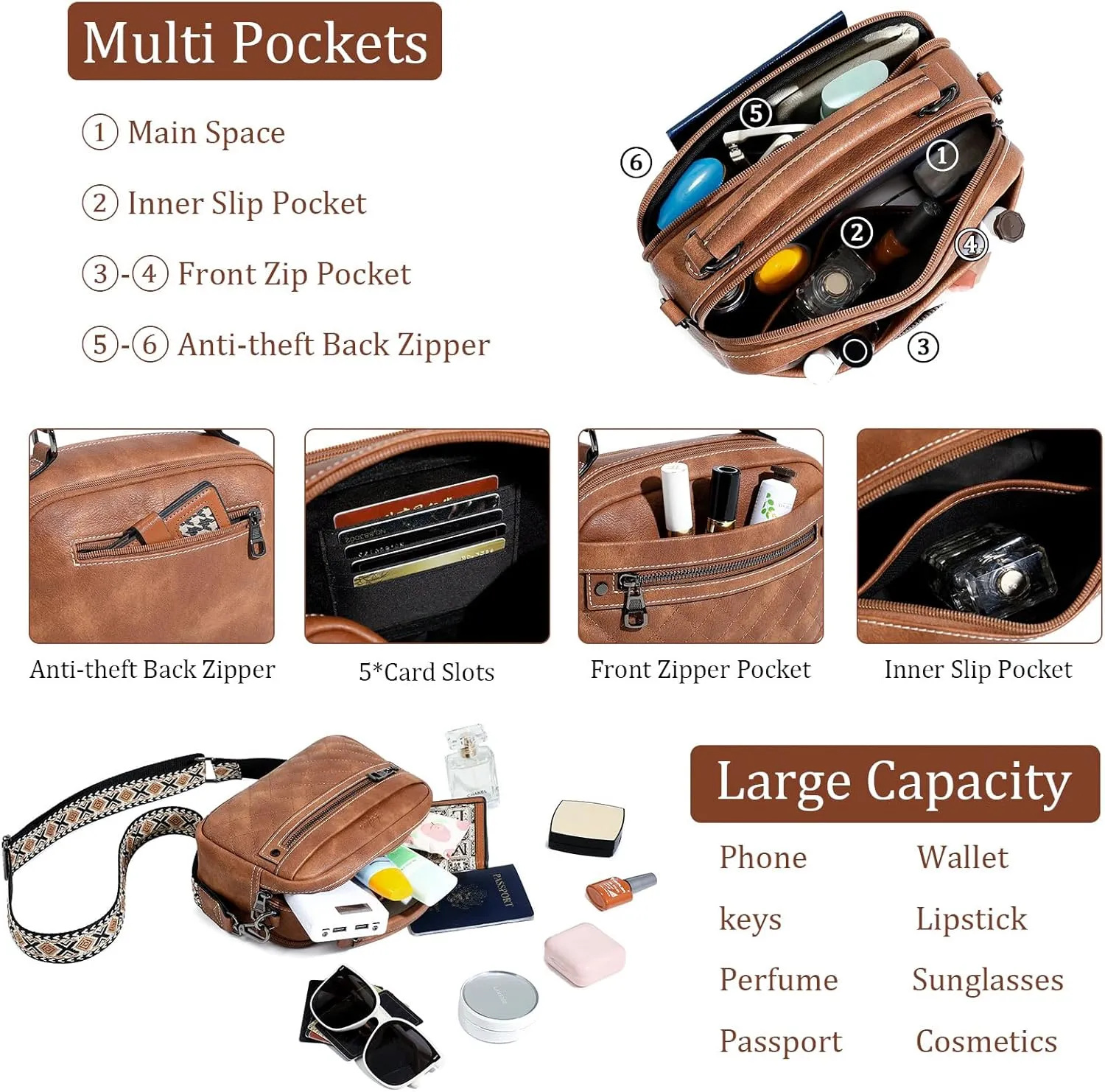 Crossbody Bags for Women Vegan Leather Shoulder Handbags Small Cross Body Purses for Women Trendy with Wide Strap