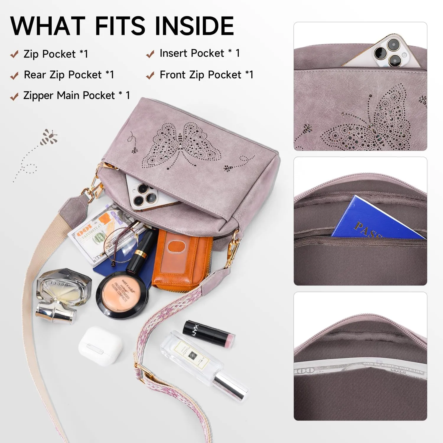 Crossbody Bags for Women, Vegan Leather Small Crossbody Purses Butterfly Shoulder Handbags with Wide Strap