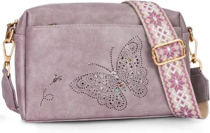 Crossbody Bags for Women, Vegan Leather Small Crossbody Purses Butterfly Shoulder Handbags with Wide Strap