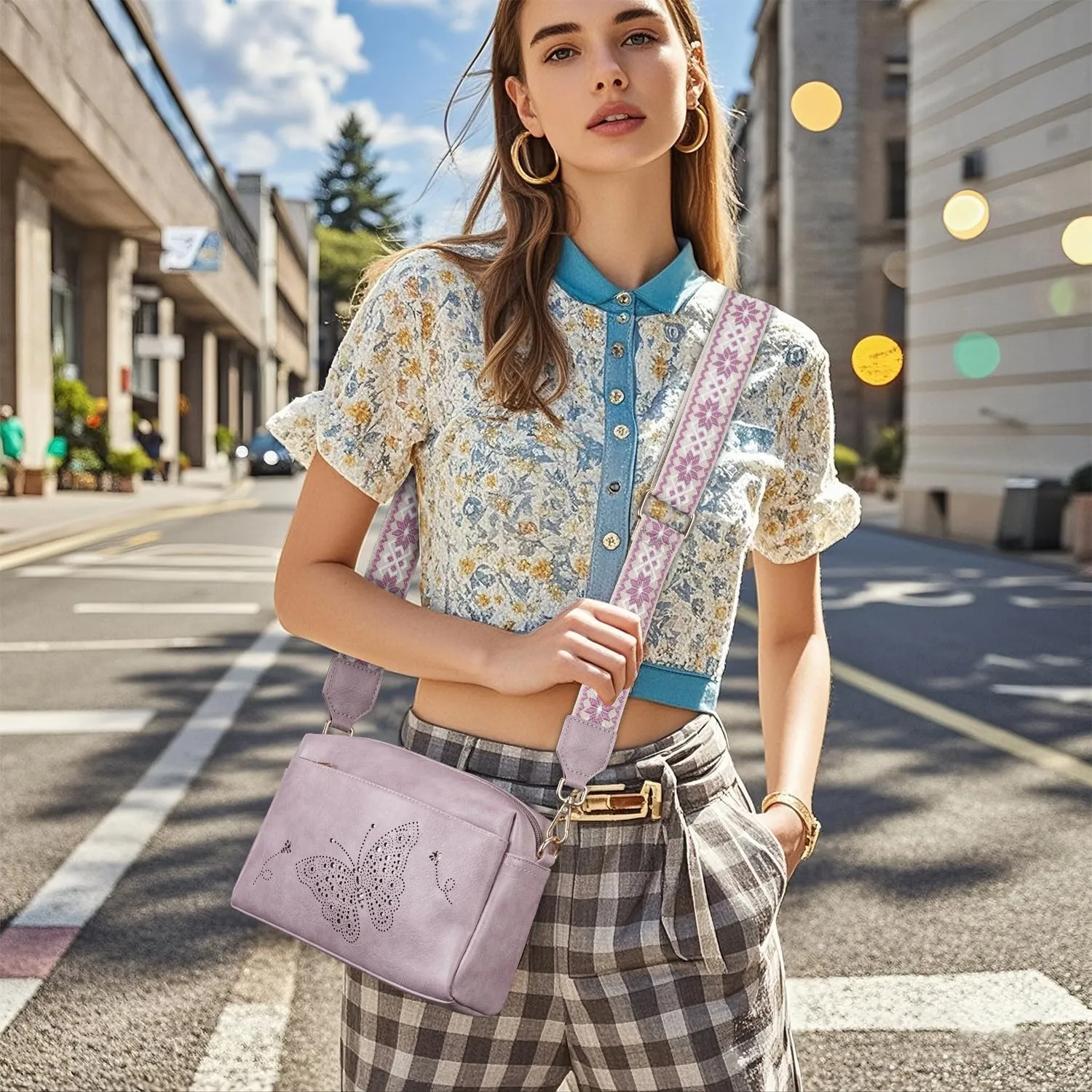 Crossbody Bags for Women, Vegan Leather Small Crossbody Purses Butterfly Shoulder Handbags with Wide Strap