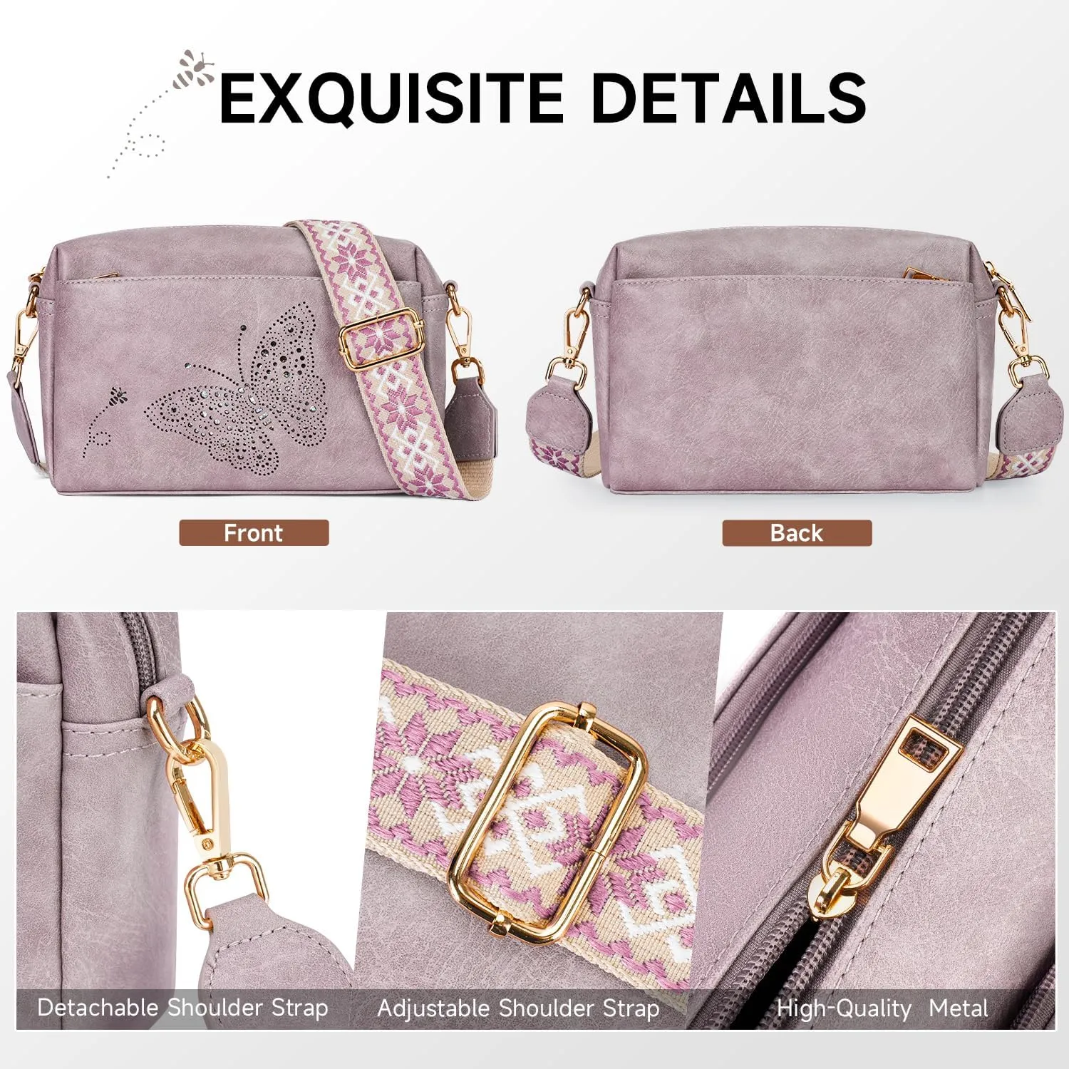 Crossbody Bags for Women, Vegan Leather Small Crossbody Purses Butterfly Shoulder Handbags with Wide Strap