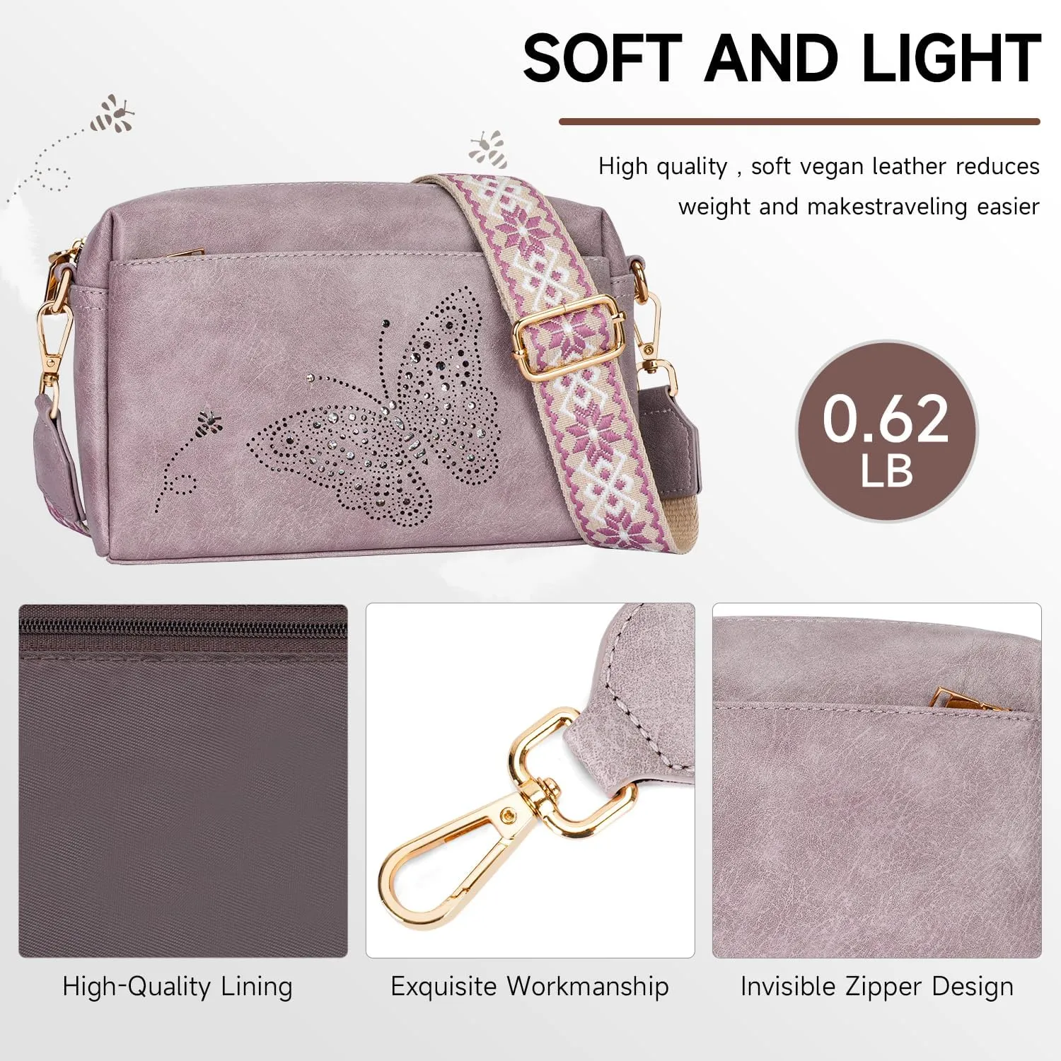 Crossbody Bags for Women, Vegan Leather Small Crossbody Purses Butterfly Shoulder Handbags with Wide Strap
