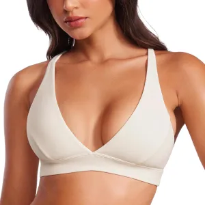 CRZ YOGA Butterluxe Deep V-Neck Sports Bras for Women - Spaghetti Strap Criss Cross Padded Top Low Coverage Wireless Yoga