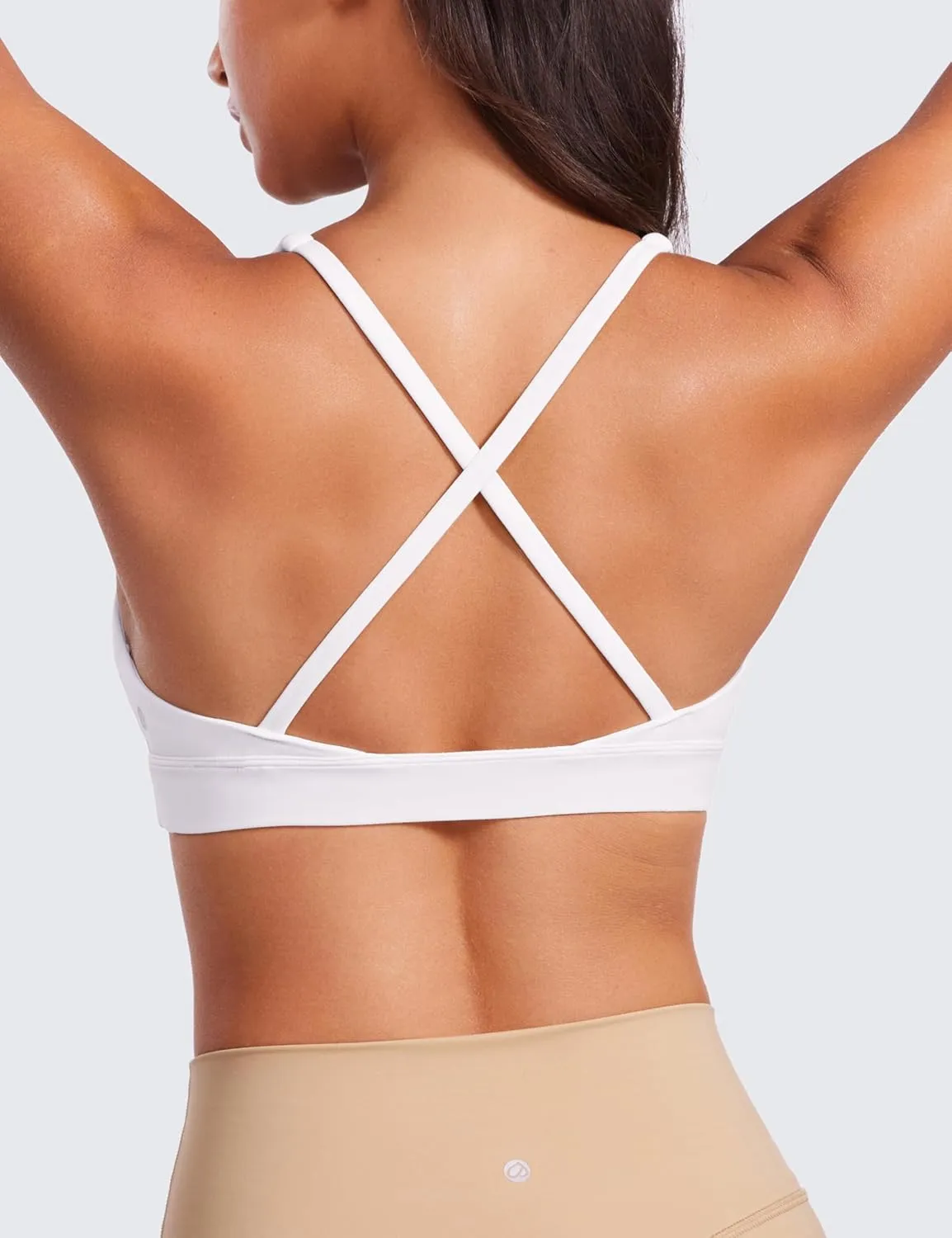 CRZ YOGA Butterluxe Deep V-Neck Sports Bras for Women - Spaghetti Strap Criss Cross Padded Top Low Coverage Wireless Yoga