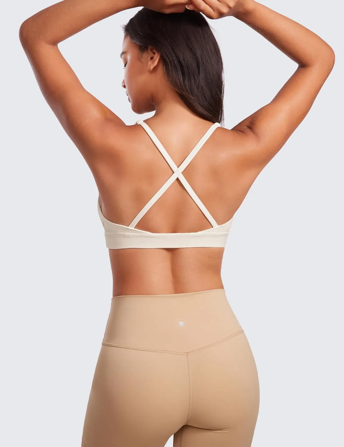 CRZ YOGA Butterluxe Deep V-Neck Sports Bras for Women - Spaghetti Strap Criss Cross Padded Top Low Coverage Wireless Yoga