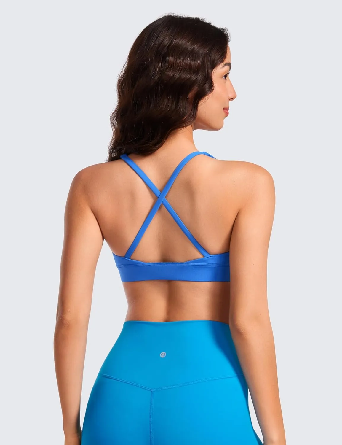 CRZ YOGA Butterluxe Deep V-Neck Sports Bras for Women - Spaghetti Strap Criss Cross Padded Top Low Coverage Wireless Yoga
