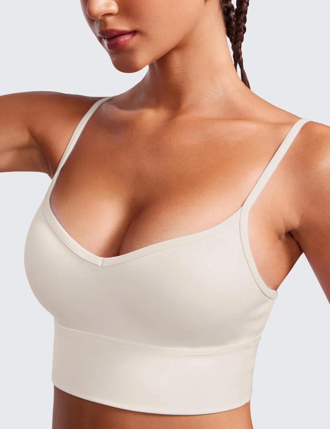 CRZ YOGA Womens Butterluxe Sweetheart Longline Sports Bra - V Neck Adjustable Thin Strap Yoga Camisole Padded Crop Top