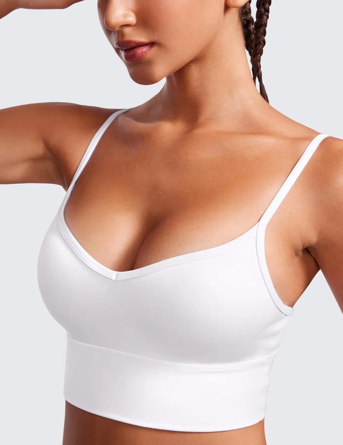 CRZ YOGA Womens Butterluxe Sweetheart Longline Sports Bra - V Neck Adjustable Thin Strap Yoga Camisole Padded Crop Top