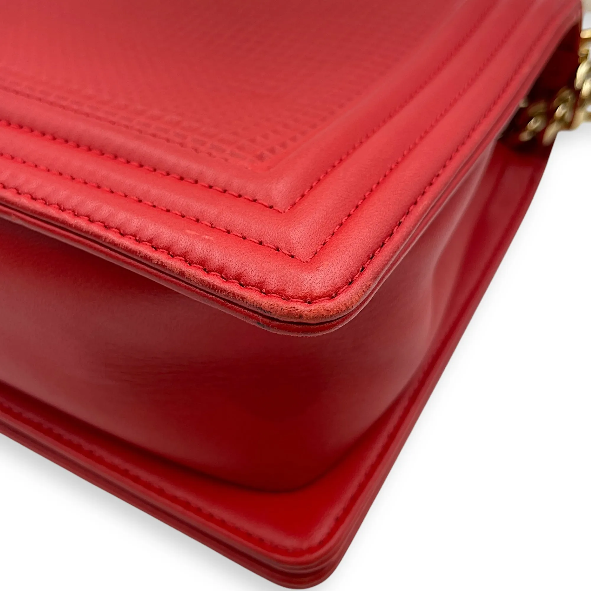 Cube Embossed Boy Medium (28cm) Red, Cream Crossbody Bag in Calfskin, Gold hardware