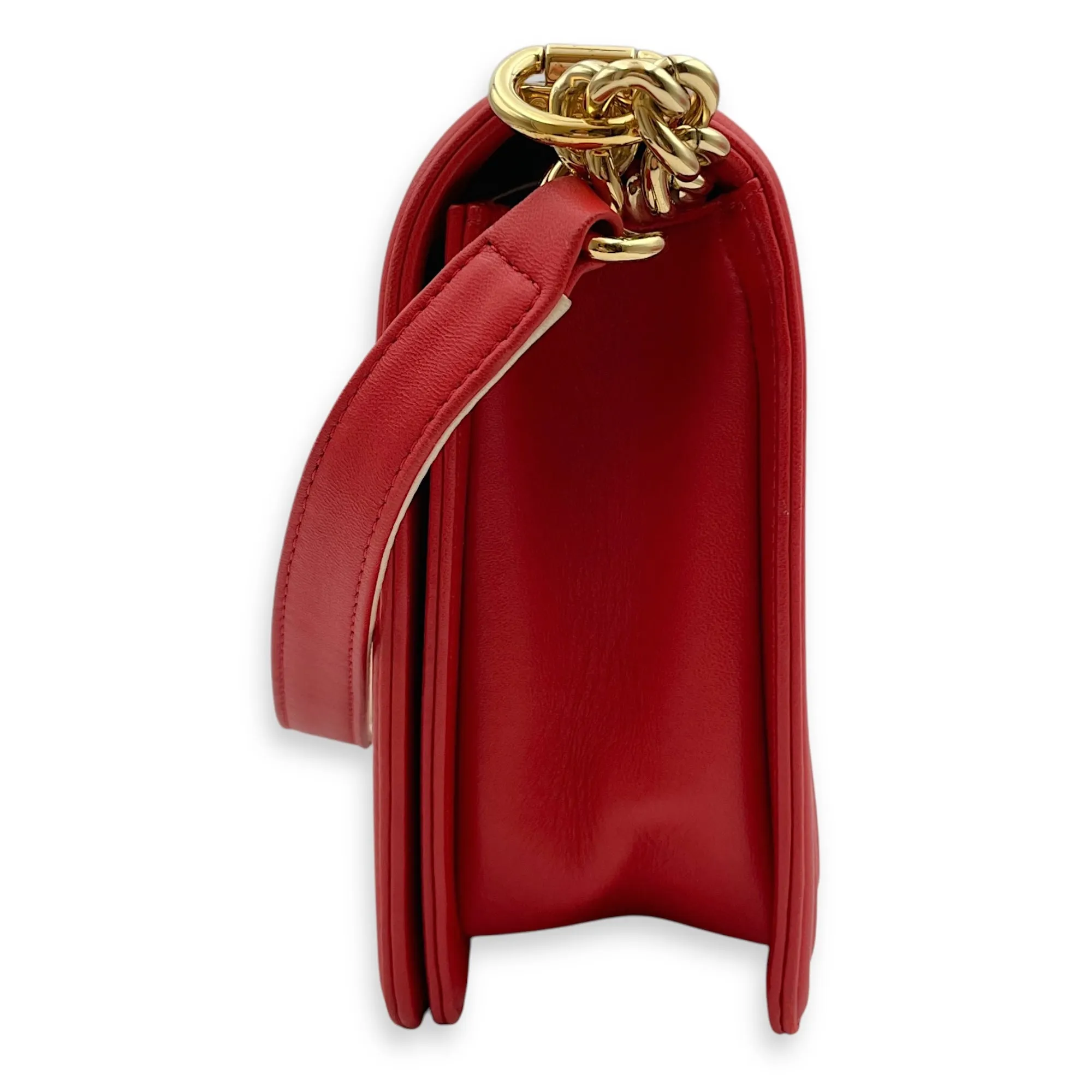 Cube Embossed Boy Medium (28cm) Red, Cream Crossbody Bag in Calfskin, Gold hardware