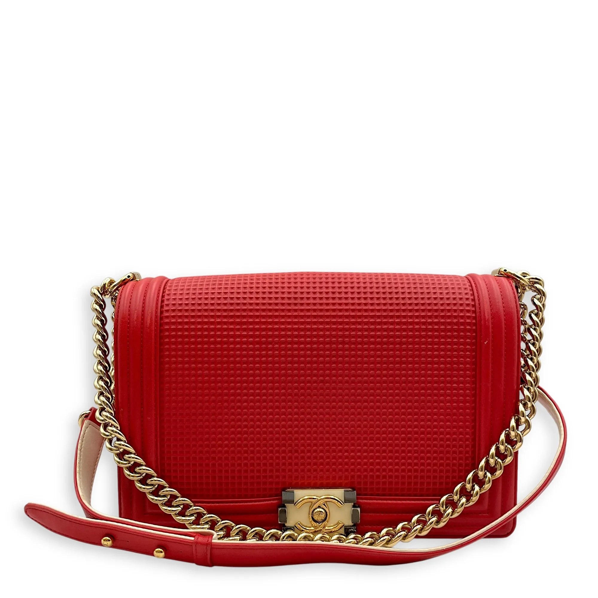 Cube Embossed Boy Medium (28cm) Red, Cream Crossbody Bag in Calfskin, Gold hardware