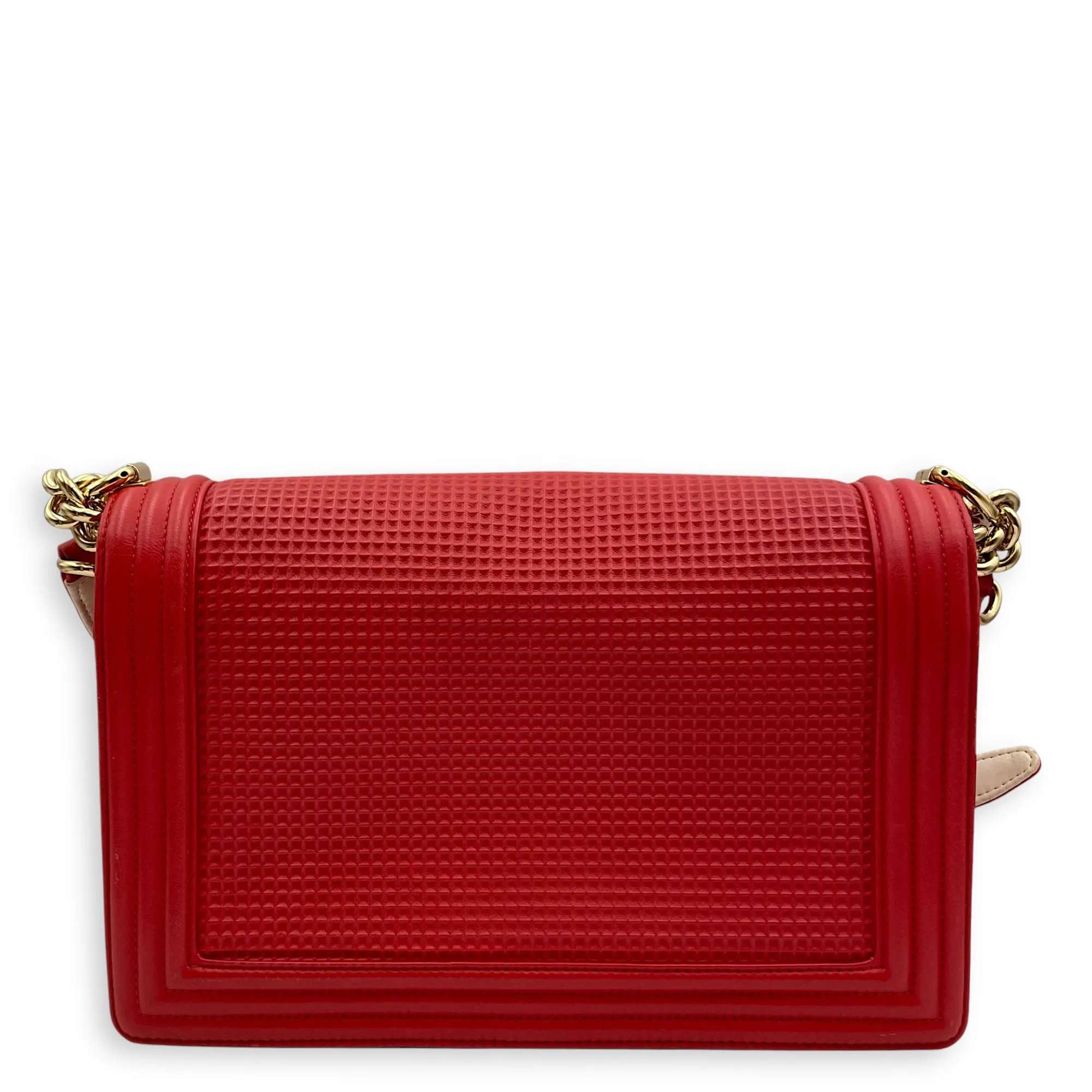 Cube Embossed Boy Medium (28cm) Red, Cream Crossbody Bag in Calfskin, Gold hardware