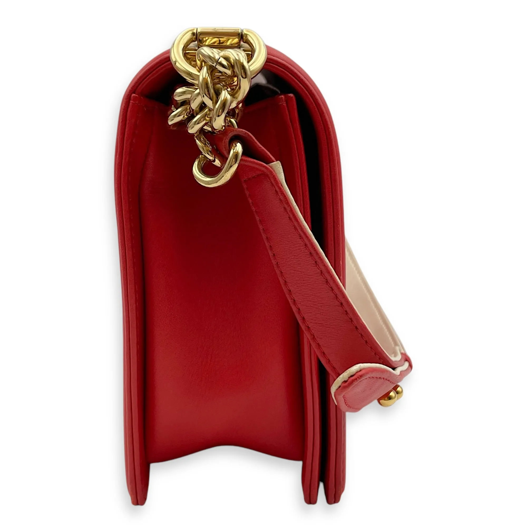 Cube Embossed Boy Medium (28cm) Red, Cream Crossbody Bag in Calfskin, Gold hardware