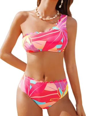 CUPSHE Women's Bikini Sets Two Piece Bathing Suit One Shoulder Mid Rise Scalloped Wide Strap Back Hook