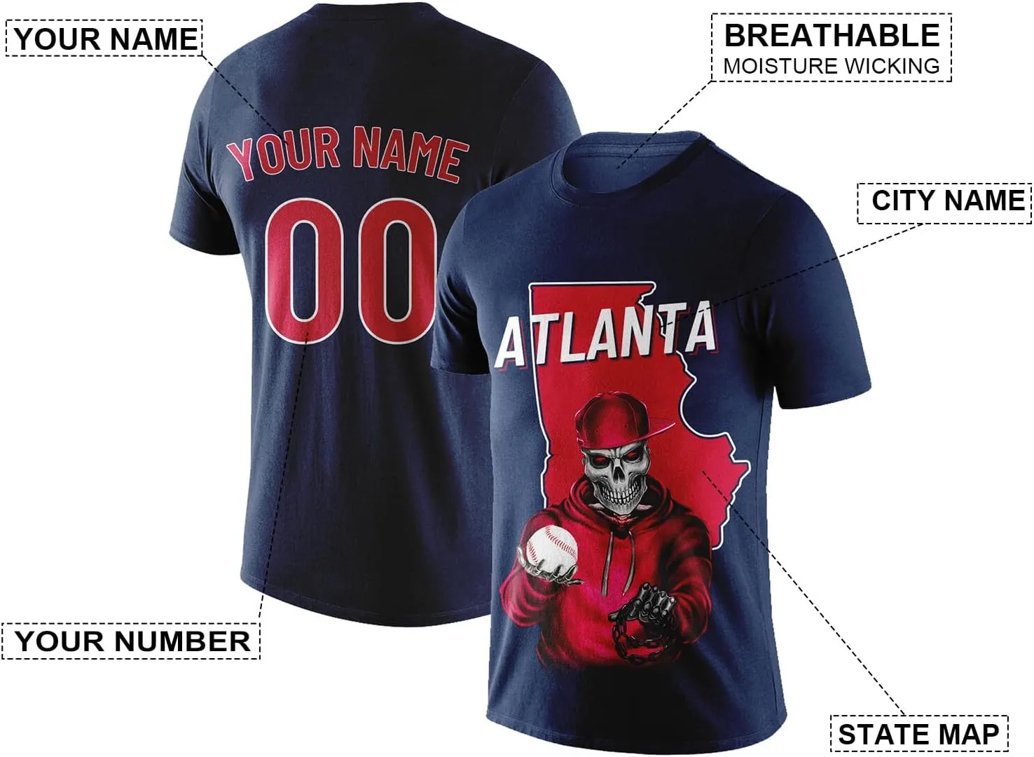 Custom Baseball City T-Shirt Novelty Skull 3D Printed Short Sleeve Name Number Graphic Tees Shirt for Men Women Youth S-5XL