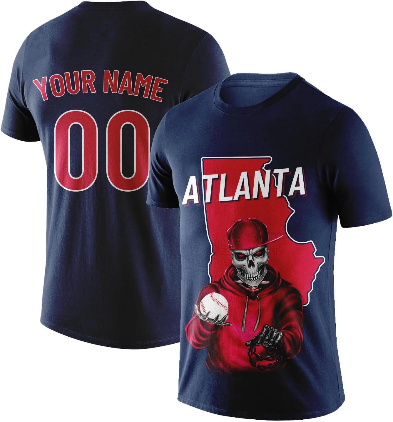 Custom Baseball City T-Shirt Novelty Skull 3D Printed Short Sleeve Name Number Graphic Tees Shirt for Men Women Youth S-5XL