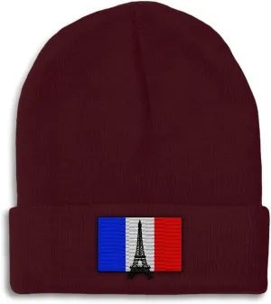 Custom Beanies for Men France Flag and Eiffel Tower Embroidery Flags Winter Hats for Women Skull Cap 1 Size