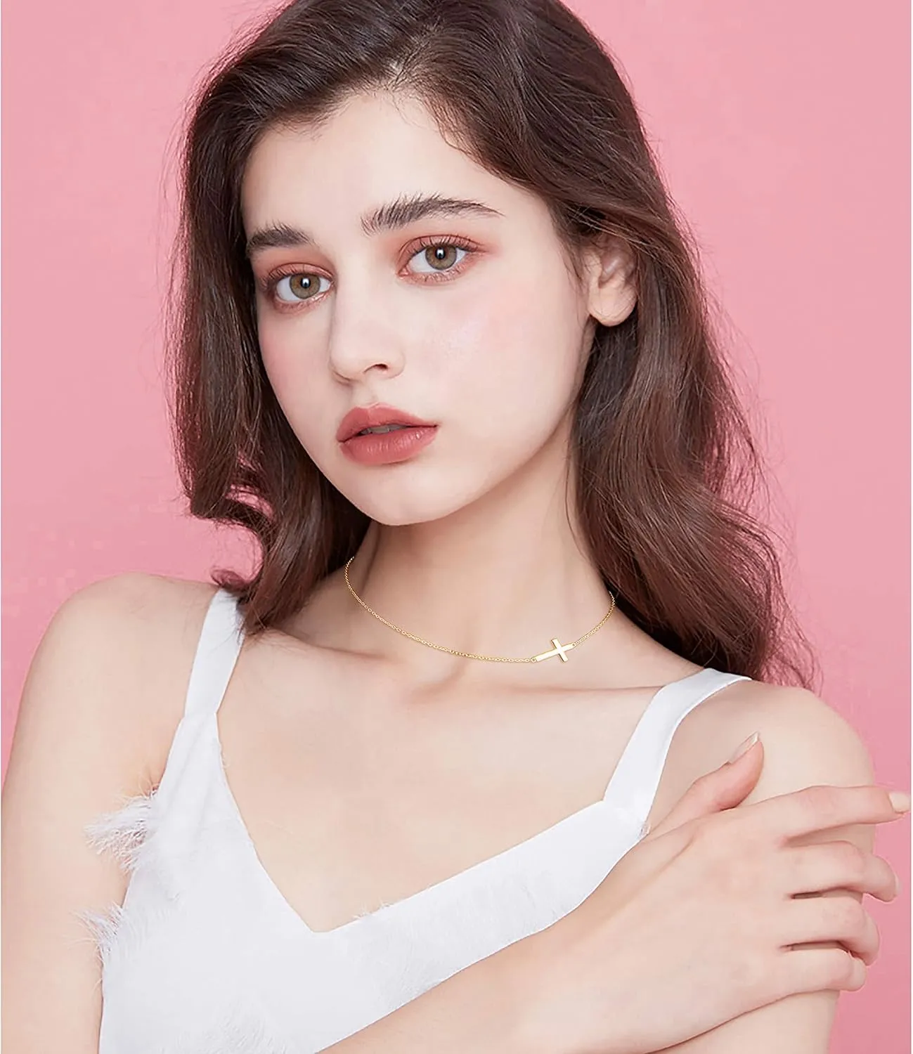 DAOCHONG S925 Sterling Silver Jewelry Sideways Cross Choker Necklace 14 inches to 18 inches