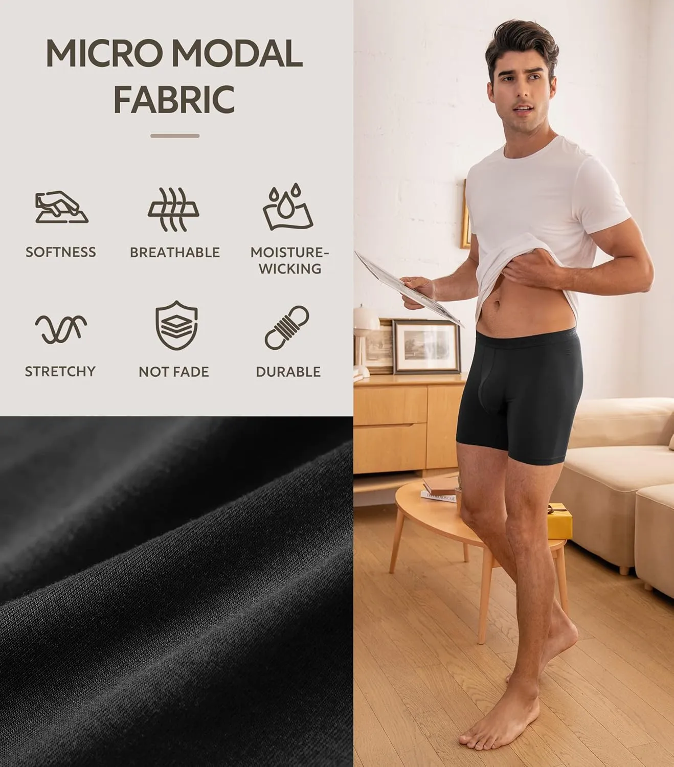 DAVID ARCHY Men's Boxer Briefs, Micro Modal Dual Pouch Trunks Support Ball Bulge Enhancing Underwear,Underwear For Man 3 Pack