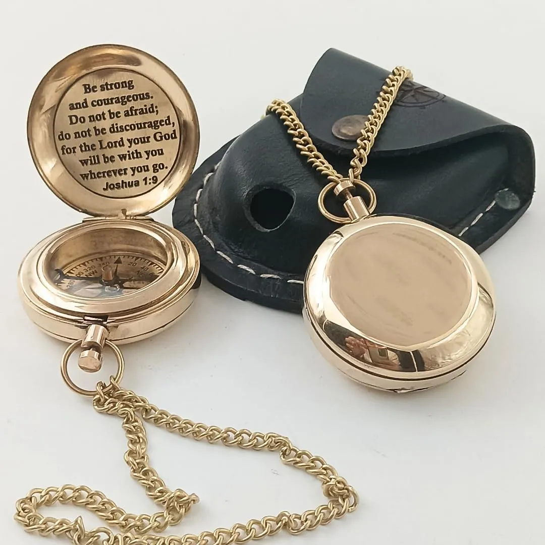 DAYOL'X Joshua 1:9 Engraved Brass Compass- Push Open - Communion, Confirmation Baptism Gifts 1st Communion Gifts for Boys, Religious Gifts for Men, Naval Maritime Pocket Watch Clock