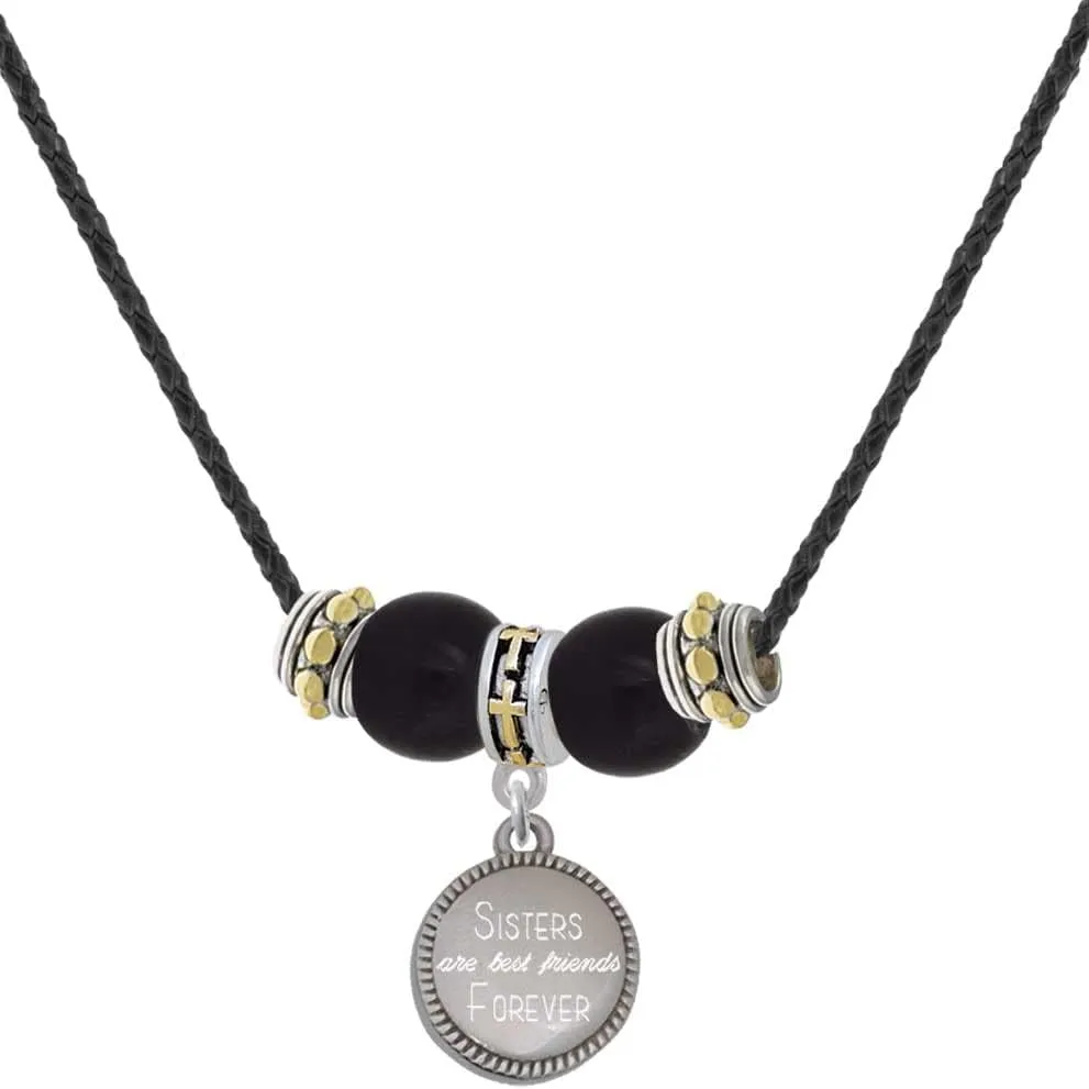 Delight Jewelry Stainless Steel Disc Sisters are Best Friends Forever - Two-tone Cross Black Beaded Necklace, 18" 2"