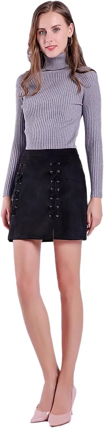 DIASHINY Womens Faux Suede Mini Skirt Above Knee Length Wrap A Line Winter Spring Fall