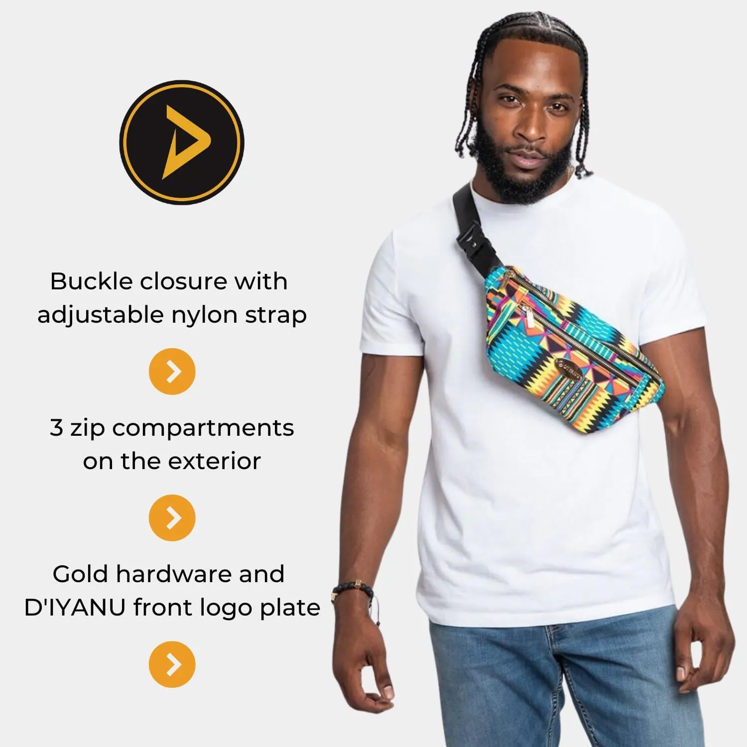 D'IYANU | Naji African Culture Pattern Fanny Pack | Stylish Waist Bag with Zippered Pockets for Effortless Organization and Traditional Elegance l Canary Yellow Kente | S