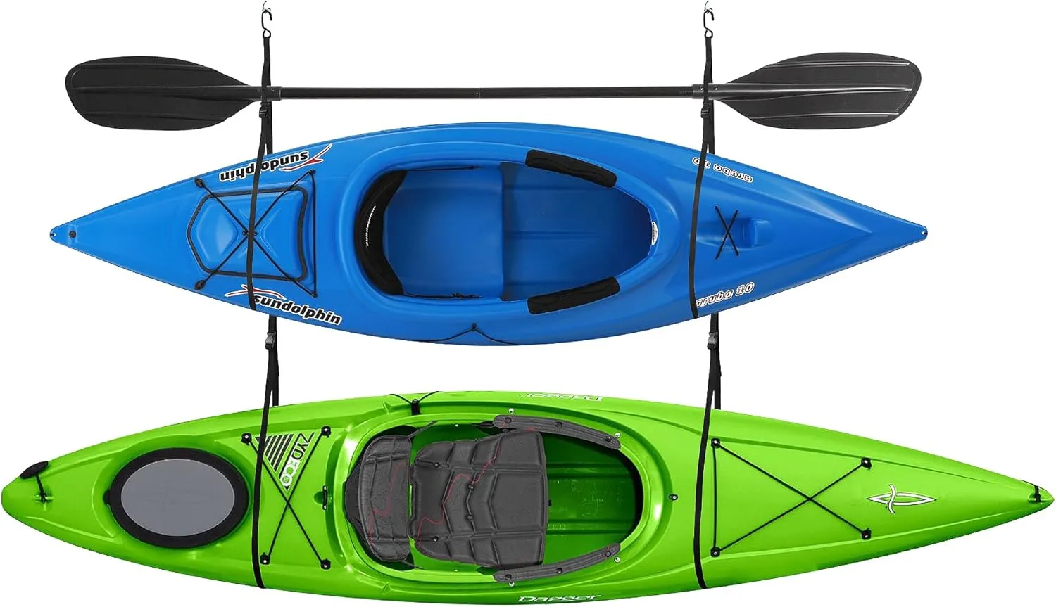 Double Kayak Rack - Hanging Storage from Wall or Ceiling for Surfboards, Paddleboards, SUP, or Canoe - Adjustable Kayak Straps by RAD Sportz