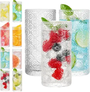 Drinking Glasses, Set of 8 Vintage Highball glasses, 16 oz Embossed Designed Glass Cups, Tall Water Tumblers, Cocktail Glass, Vintage Glassware Set for Water, Juice, Cocktail, Whiskey