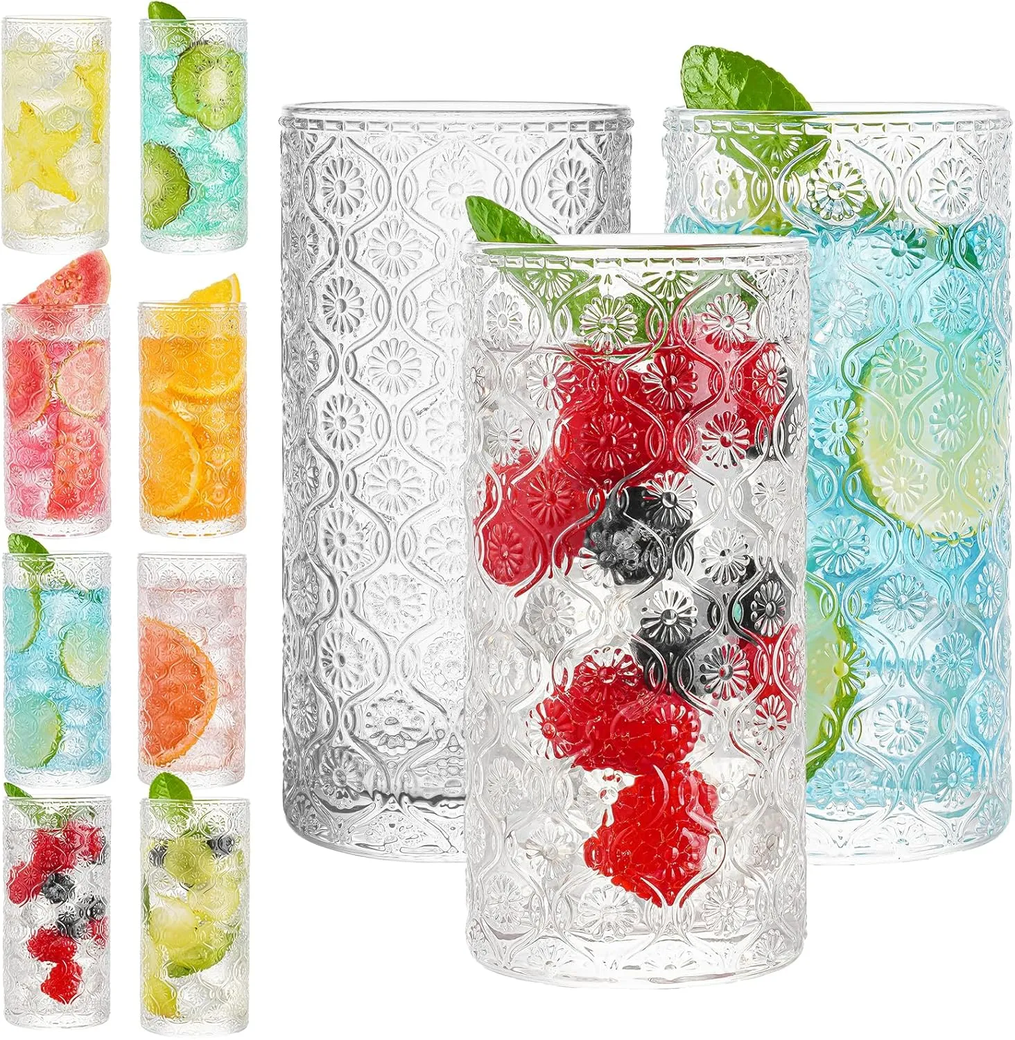 Drinking Glasses, Set of 8 Vintage Highball glasses, 16 oz Embossed Designed Glass Cups, Tall Water Tumblers, Cocktail Glass, Vintage Glassware Set for Water, Juice, Cocktail, Whiskey