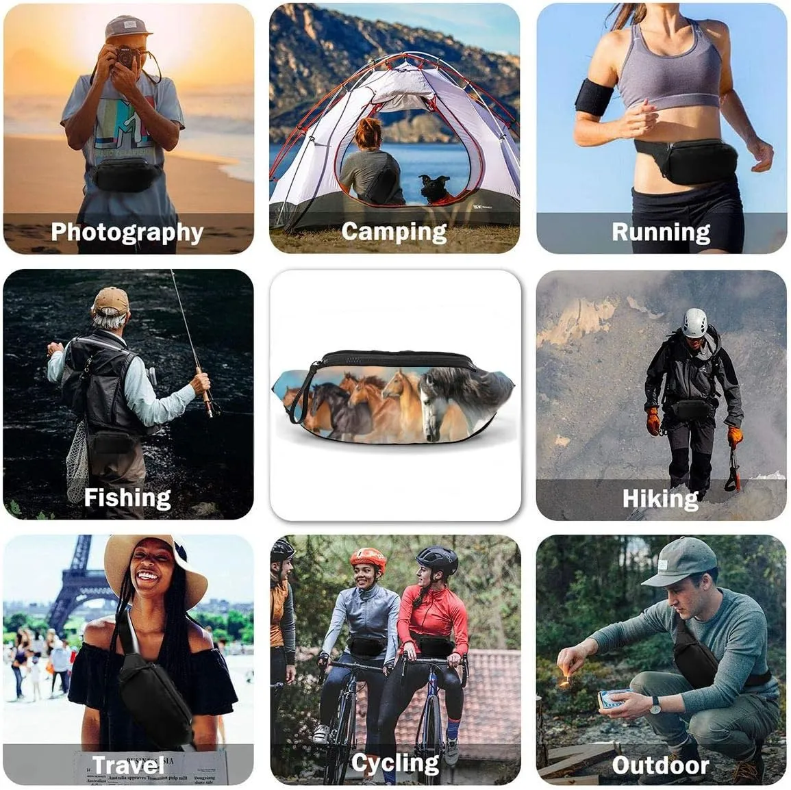 Dujiea Fanny Pack, Running Horse Waist Bag with Headphone Hole Belt Bag Adjustable Sling Pocket Fashion Hip Bum Bag for Women Men Kids Outdoors Casual Travelling Hiking Cycling