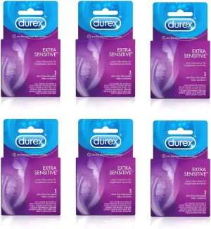 Durex Extra Sensitive Lubricated Ultra Thin Premium Condoms, 3 Count (Pack of 6)