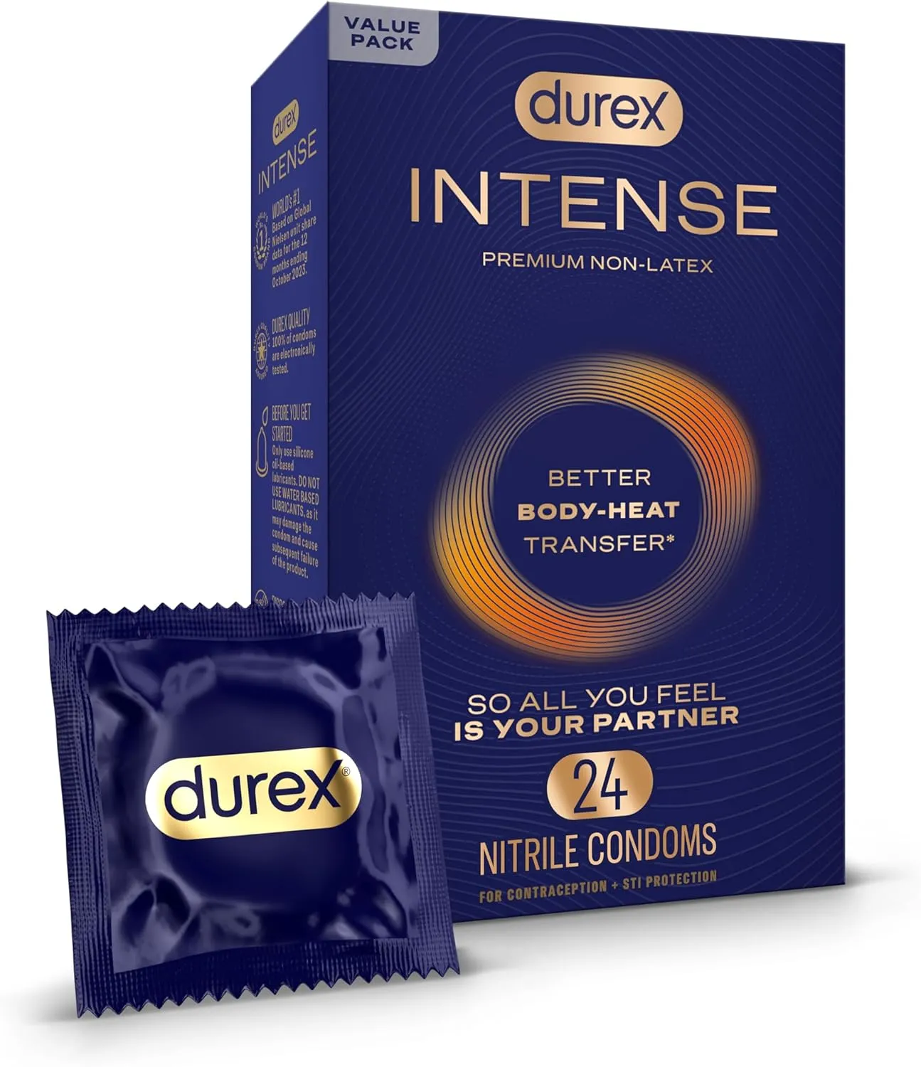 Durex Intense Nitrile Condoms, Ultra Thin Premium Non Latex Condoms Lubricated with Silicone Lube, 24 ct