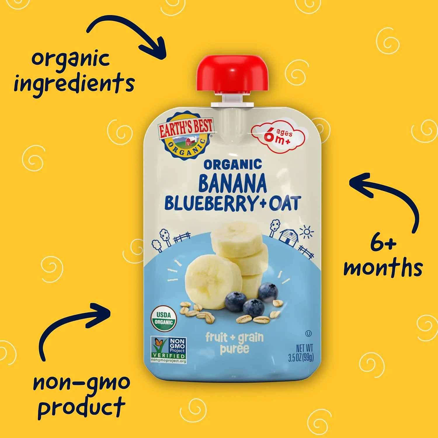 Earth's Best Organic Baby Food Pouches, Wholesome Breakfast Puree for Babies 6 Months and Older, Organic Banana Blueberry and Oat Puree, 3.5 oz Resealable Pouch (Pack of 12) (Packaging May Vary)