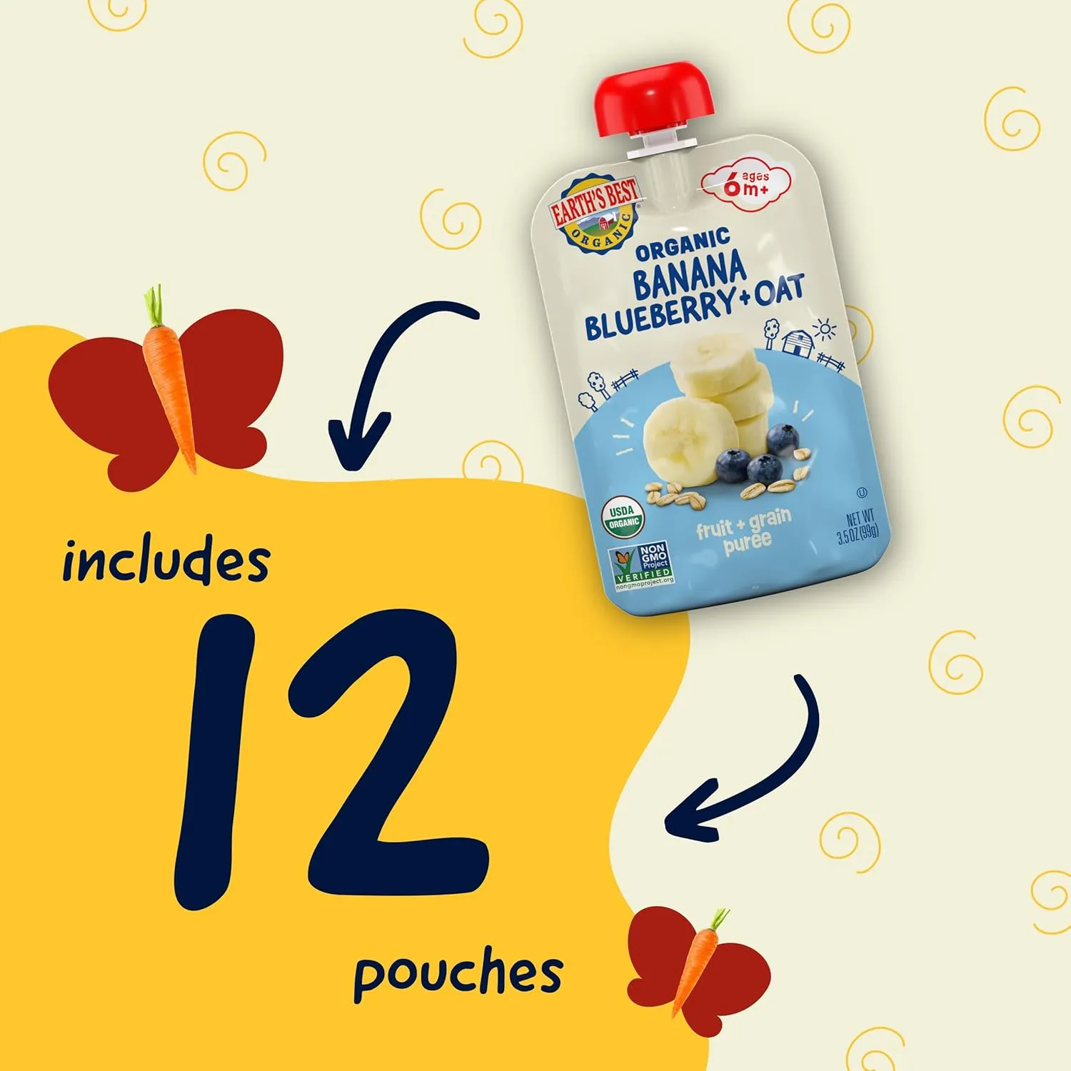 Earth's Best Organic Baby Food Pouches, Wholesome Breakfast Puree for Babies 6 Months and Older, Organic Banana Blueberry and Oat Puree, 3.5 oz Resealable Pouch (Pack of 12) (Packaging May Vary)