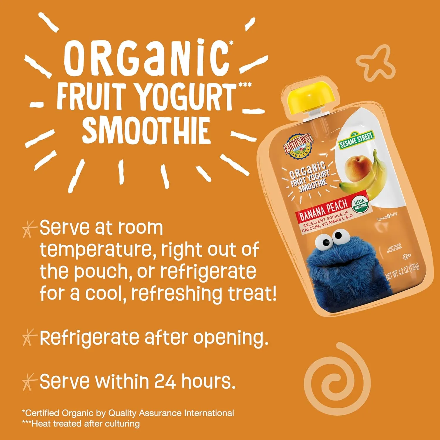 Earth's Best Organic Yogurt Smoothie Pouches, 24  Months, Fruit Yogurt Smoothie for Toddlers 24 Months and Up, Banana Peach, 4.2 Ounce Resealable Pouch (Pack of 12)