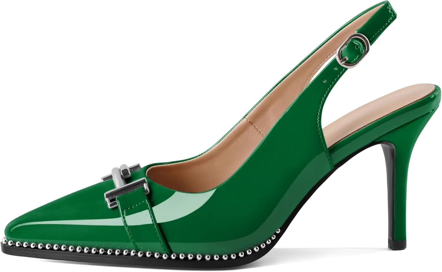 Eldof Women Slingback Heels Beaded Pumps Pointed Toe Slip On Stilettos High Heel Pumps Shoes with Silver Buckle Dressy 3.5 Inches