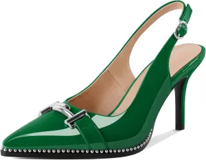 Eldof Women Slingback Heels Beaded Pumps Pointed Toe Slip On Stilettos High Heel Pumps Shoes with Silver Buckle Dressy 3.5 Inches