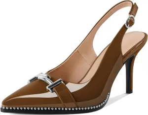 Eldof Women Slingback Heels Beaded Pumps Pointed Toe Slip On Stilettos High Heel Pumps Shoes with Silver Buckle Dressy 3.5 Inches