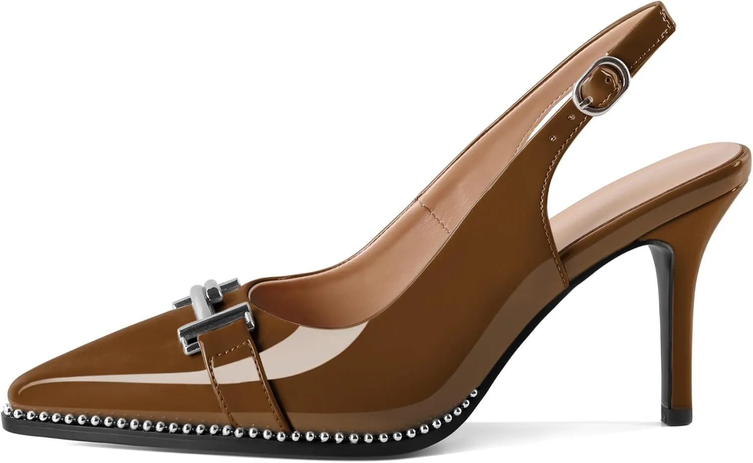 Eldof Women Slingback Heels Beaded Pumps Pointed Toe Slip On Stilettos High Heel Pumps Shoes with Silver Buckle Dressy 3.5 Inches