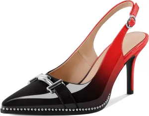 Eldof Women Slingback Heels Beaded Pumps Pointed Toe Slip On Stilettos High Heel Pumps Shoes with Silver Buckle Dressy 3.5 Inches