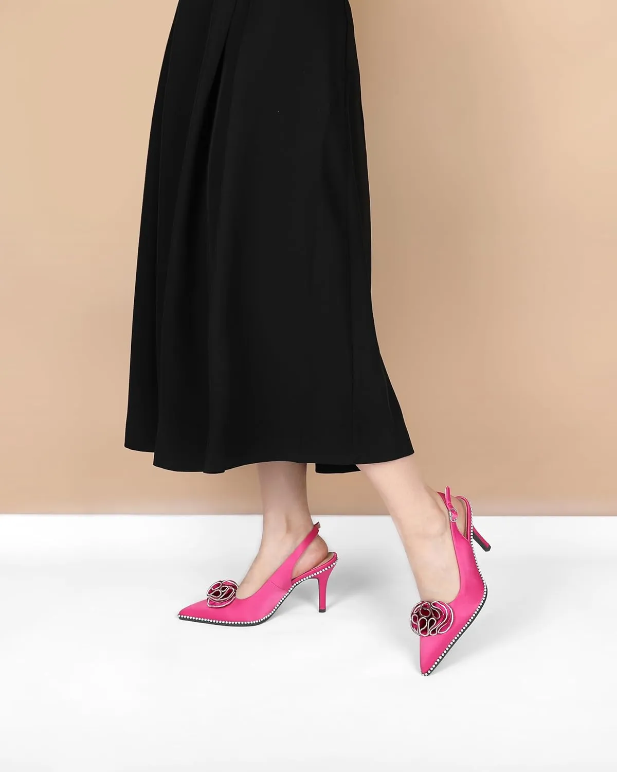 Eldof Women Slingback Heels Beaded Rhinestone Pointed Toe Flower Bow High Heel Pumps Shoes 3.5 Inches