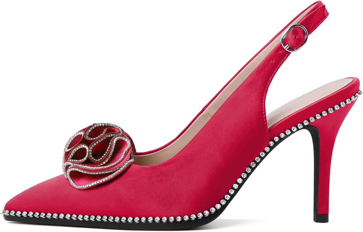 Eldof Women Slingback Heels Beaded Rhinestone Pointed Toe Flower Bow High Heel Pumps Shoes 3.5 Inches