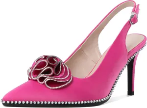 Eldof Women Slingback Heels Beaded Rhinestone Pointed Toe Flower Bow High Heel Pumps Shoes 3.5 Inches
