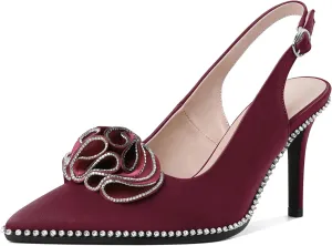 Eldof Women Slingback Heels Beaded Rhinestone Pointed Toe Flower Bow High Heel Pumps Shoes 3.5 Inches
