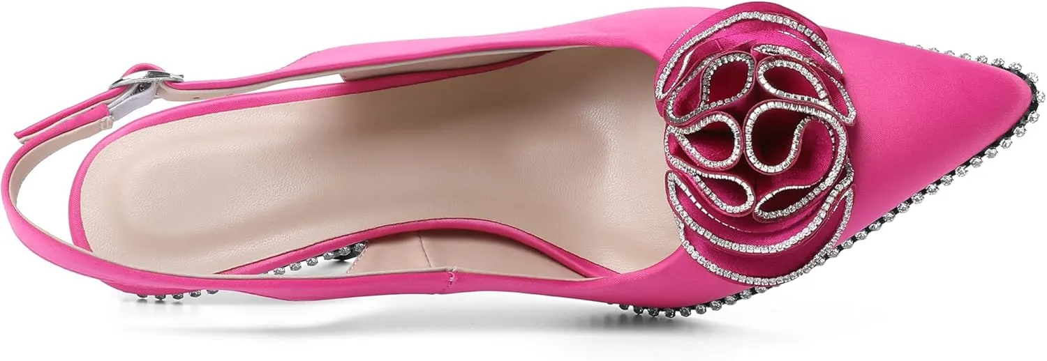 Eldof Women Slingback Heels Beaded Rhinestone Pointed Toe Flower Bow High Heel Pumps Shoes 3.5 Inches