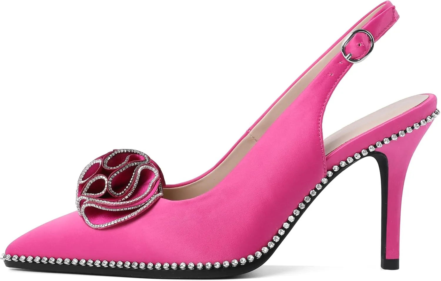 Eldof Women Slingback Heels Beaded Rhinestone Pointed Toe Flower Bow High Heel Pumps Shoes 3.5 Inches