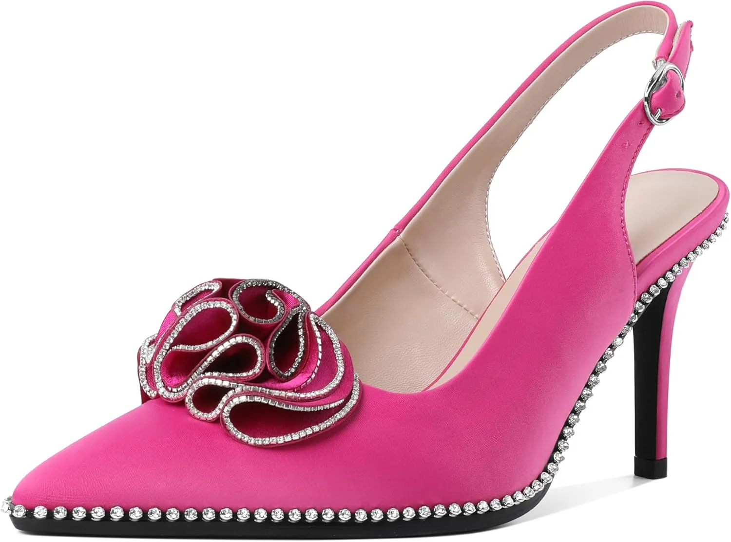 Eldof Women Slingback Heels Beaded Rhinestone Pointed Toe Flower Bow High Heel Pumps Shoes 3.5 Inches